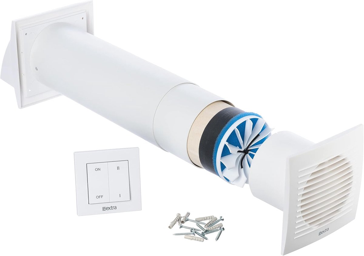 Decentrale WTW Ventilatie Ø100 mm - Warmteterugwinning tot 90% - 2 Snelheden - Keramische Warmtewisselaar - Met Schakelaar en Filters