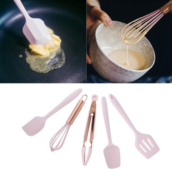 Keukengerei Set Kookgereedschap voor Thuis Keuken Bakken Non-Stick Spatel Schraper Eiklopper Roze, 5 stks — afbeelding 5