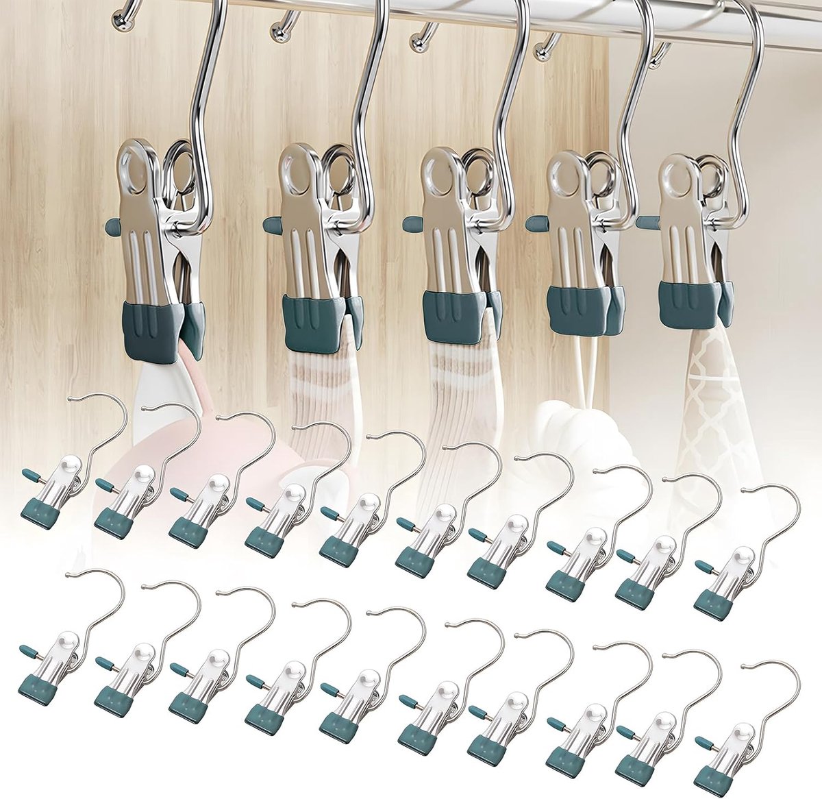 Wasknijpers zonder afdruk, handdoekklemmen, metalen klemmen, multifunctionele antislip metalen clip, geschikt voor het scharen van kleding, sokken, broeken, schoenen (groen)