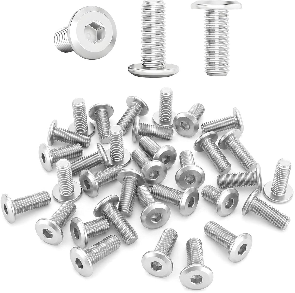 30 stuks M6 x 10 mm platte kopschroeven binnenzeskant, roestvrij staal 304 roestvrij met volledige schroefdraad, universeel voor meubelmontage, voertuigbouw en doe-het-zelfprojecten
