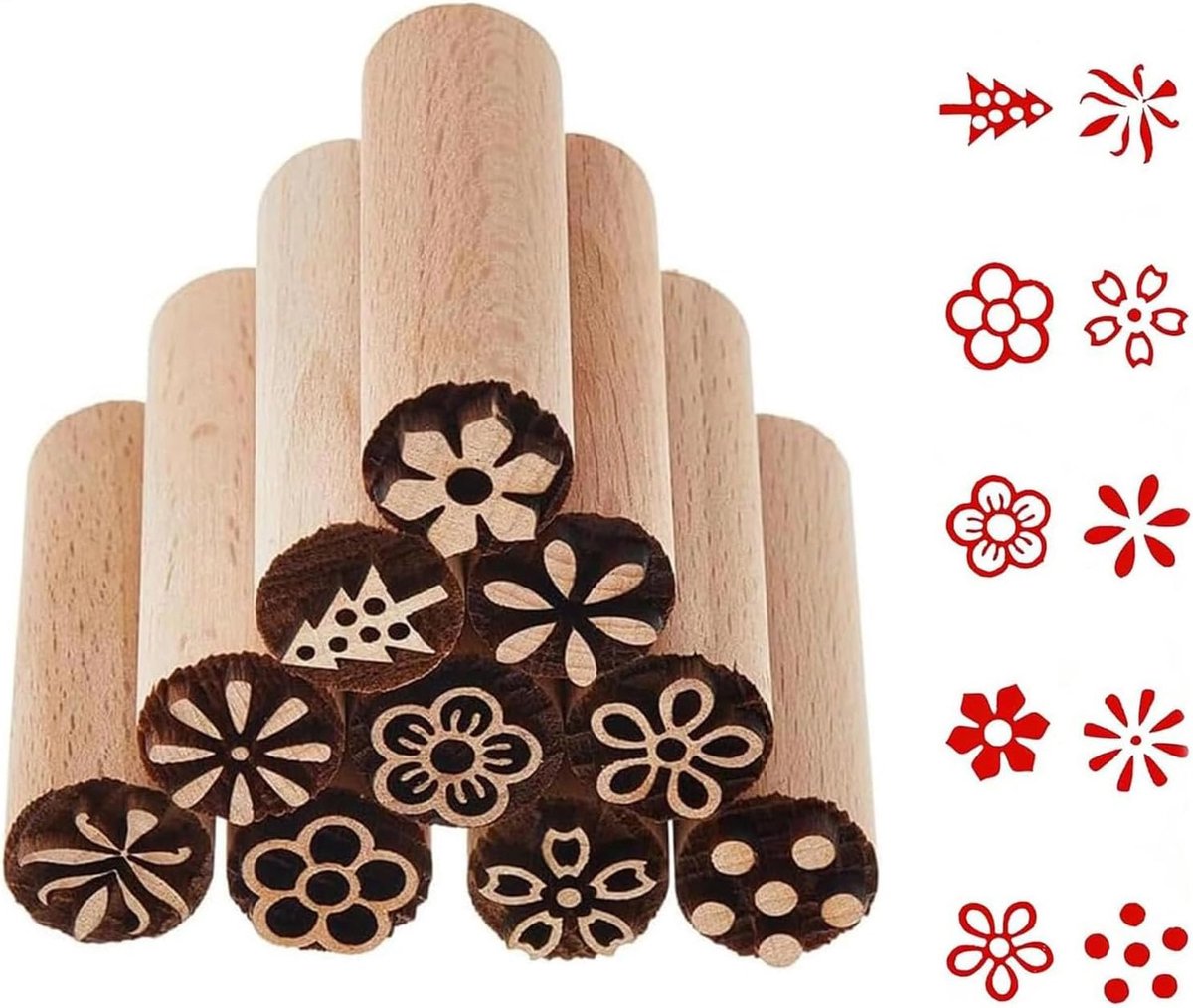 Houtstempels, set van 10 stuks, bloemenpatroon, stempel voor klei en keramiek, 1,5 cm Ø broodstempel voor broodjes, gebak, decoratie en schilderen, keramisch gereedschap