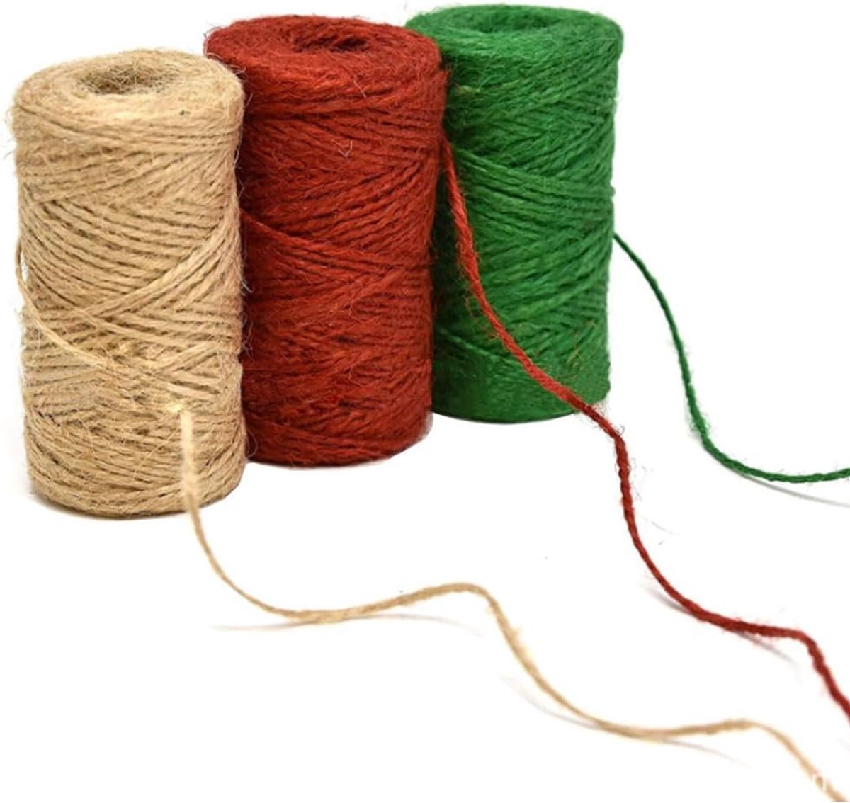 3 rollen x 50 m gekleurd jute touw touw (150 m totaal) - natuurlijk, rood, groen voor doe-het-zelf ambachten, inpakken, tuinbinden en plantenondersteuning, tagsnaren | decoratief