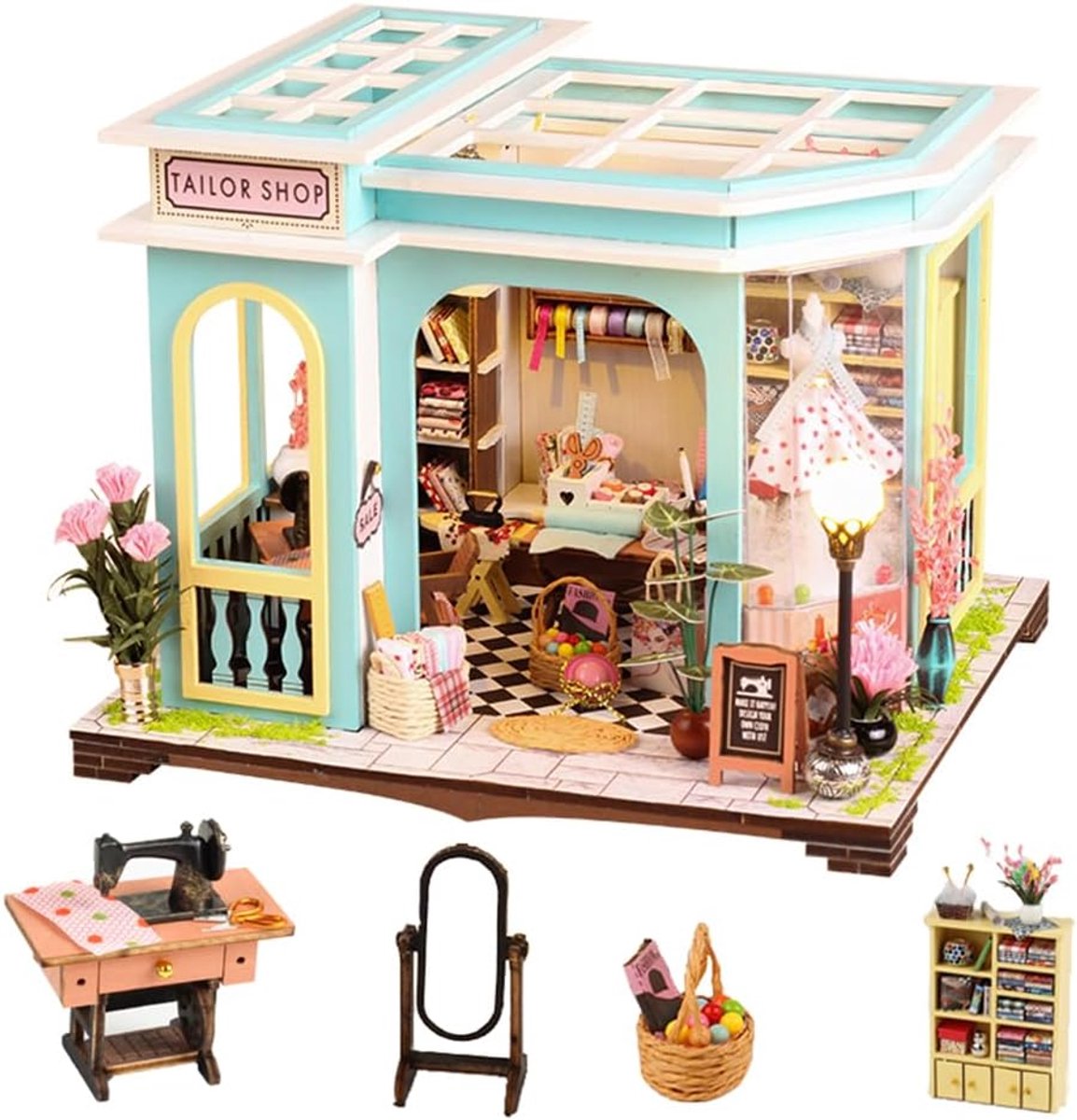 Poppenhuis accessoires van hout, doe-het-zelf miniatuurhuisset voor volwassenen, creatieve kleermakerij Tiny House Kit met meubels en ledlampjes voor vrouwen
