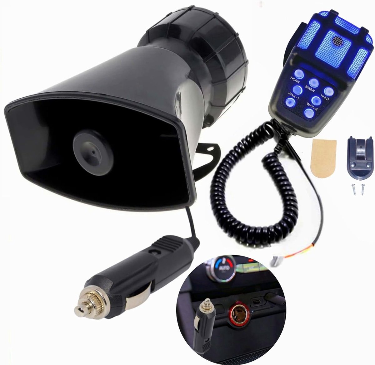 Autohupe luchthoorn, autosirene, blauw licht en zwart, 7 geluiden, sluit de sigarettenaansteker van de auto aan op 135 dB geluidsversterker met microfoon PA-luidsprekersysteem voor 12 V auto
