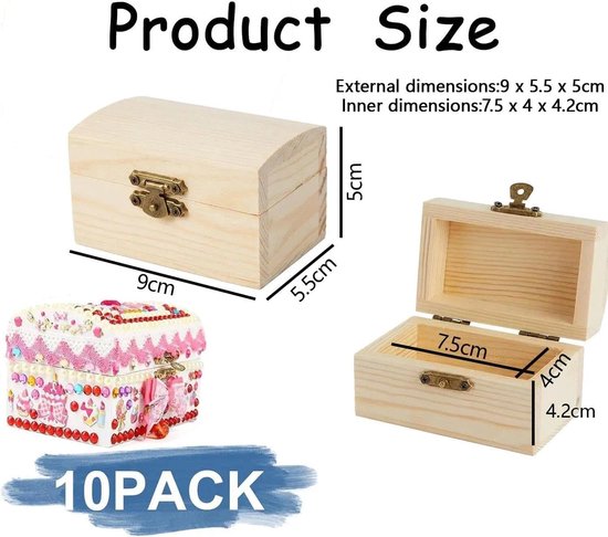 Knutseldoos van hout, 10 stuks, kleine schatkisten van hout met slot, mini-opbergdoos voor sieraden, knutselwerk, decoratie, thuiskantoor-organizer, handgemaakte houten doos in — afbeelding 2