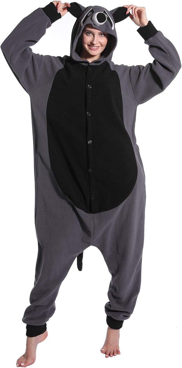 Dressfan Unisex Volwassen Dieren Pyjama Wasbeer Cosplay Kostuum