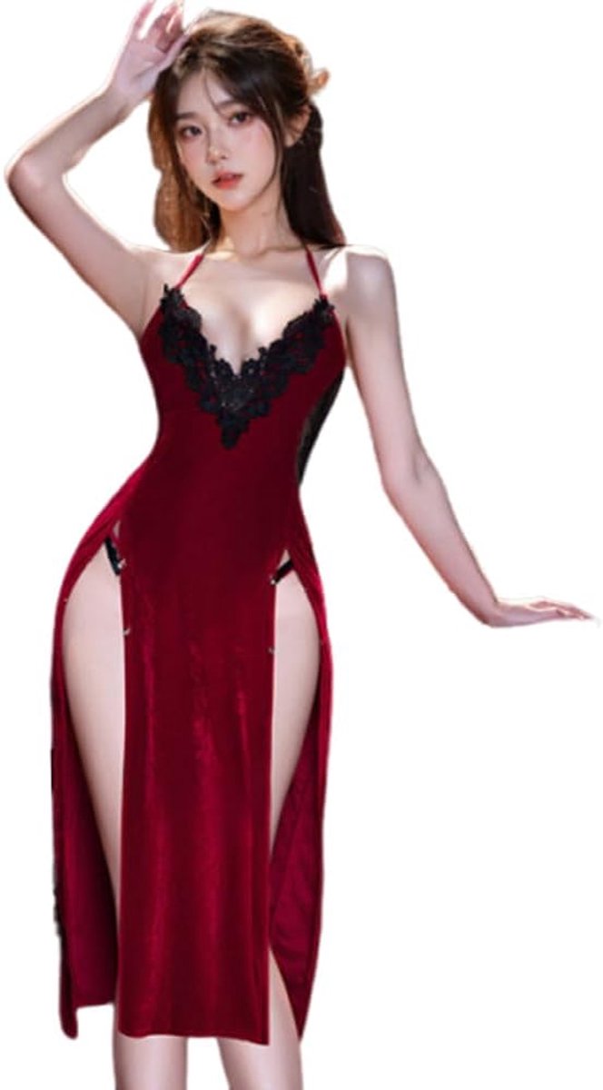 Chinese kant opstaande kraag cheongsam Japanse stijl hoge split opknoping hals jurk lingerie