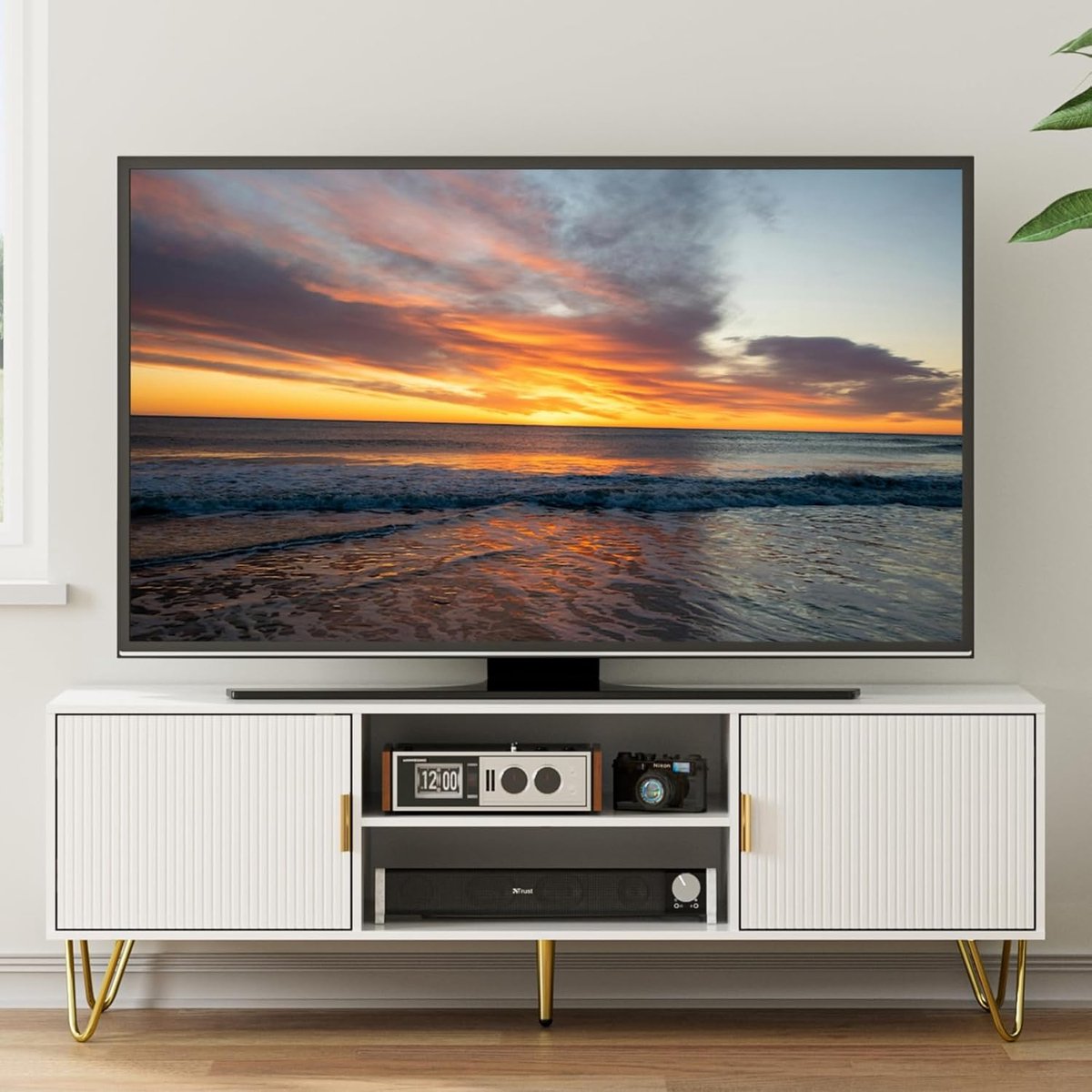 TV-meubel 137x38x48 cm wit – Modern laag tv-kastje met 2 deuren en opbergruimte voor 55–65 inch televisie – Dressoir tv kast woonkamer – Abkantoor