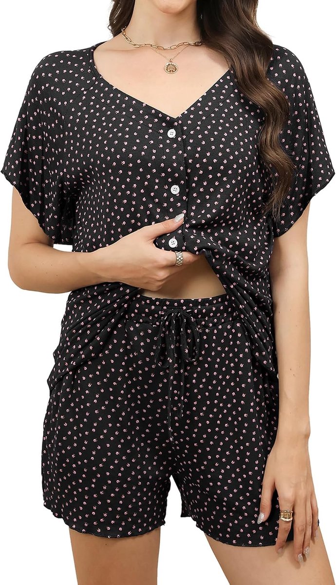 Pyjama voor Dames met Knoopsluiting, V-hals Katoenen Pyjamaset Shorty Loungewear Nachtkleding Zomer Pyjama met Korte Broek