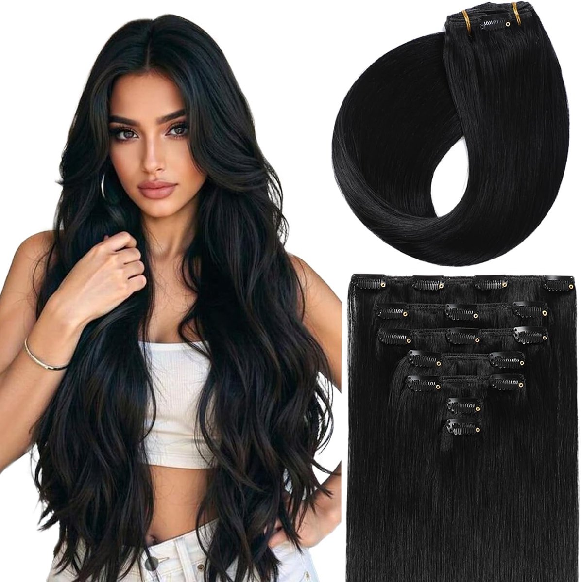 Clip-in extensies van echt haar, Jett zwart, echt haar, extensions, clips, onzichtbaar, semi-glad, 70 g, 35,5 cm, 7 stuks