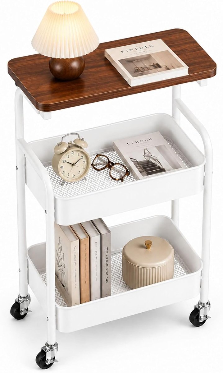 Opbergwagen met Wielen 3 Niveaus. Metalen Rolwagen met Bovenblad. Trolley Organisator van Koolstofstaal voor Keuken, Slaapkamer, Woonkamer en Badkamer (77x44x30 cm)