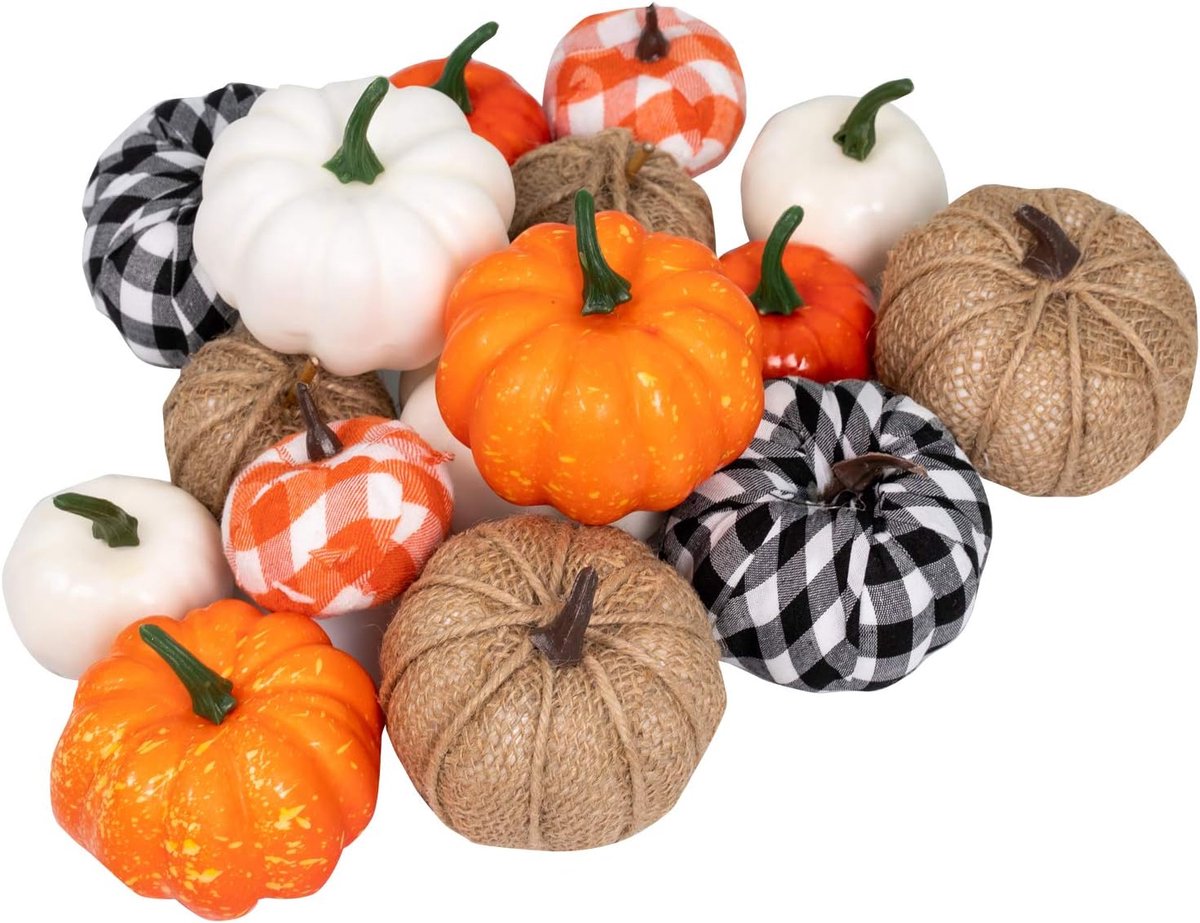 16 STKS Herfst Decor Verschillende Maten Kunstmatige Pompoenen Jute Faux Foam Pompoen Voor Oogst Herfst Seizoen Halloween Thanksgiving Vakantie Feestelijke Verfraaien en Weergeven