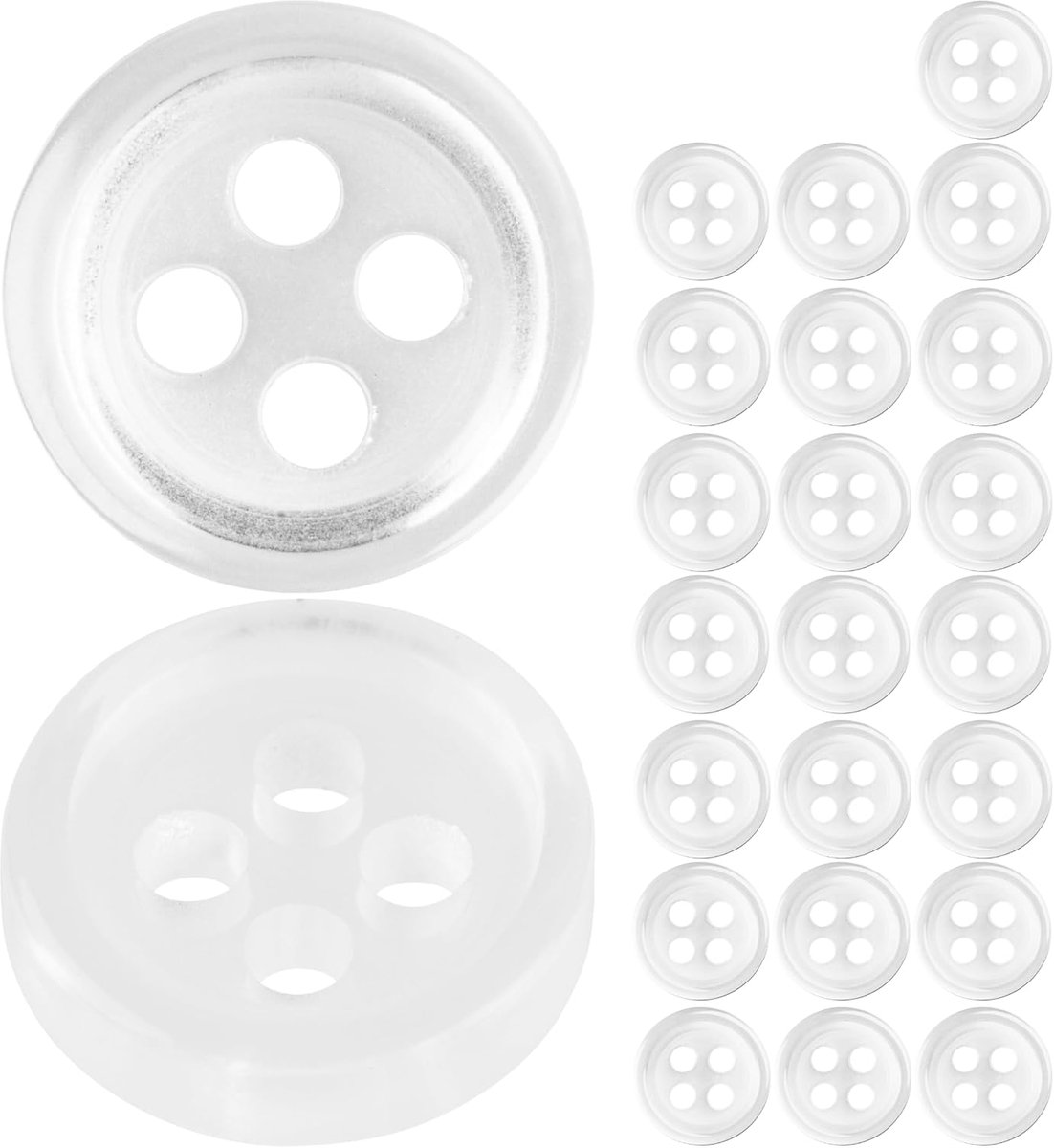 Knopen voor kleding, 24 stuks, 4 gaten, Ø 11,4 mm, transparant, polyester, maat 18L, harsknopen voor jas, mantel, overhemd, poloshirt, doe-het-zelf knoop kunsthars, wasknopen, basisknopen