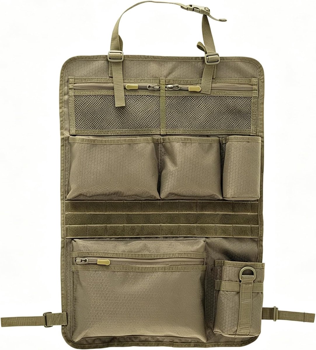 Autostoelorganizer, rugleuning, 42 x 62 cm, autostoelorganizer met Molle-systeem, rugleuningbescherming met zakken, netvakken en bekerhouder voor SUV, Jeep, reizen, camping (bruin)