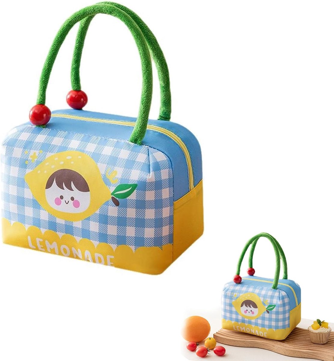 Kleine lunchtas, citroendesign, blauw-wit geruit, 1 stuk, geïsoleerd, voor kleuterschool, school, lunchbox, snacks