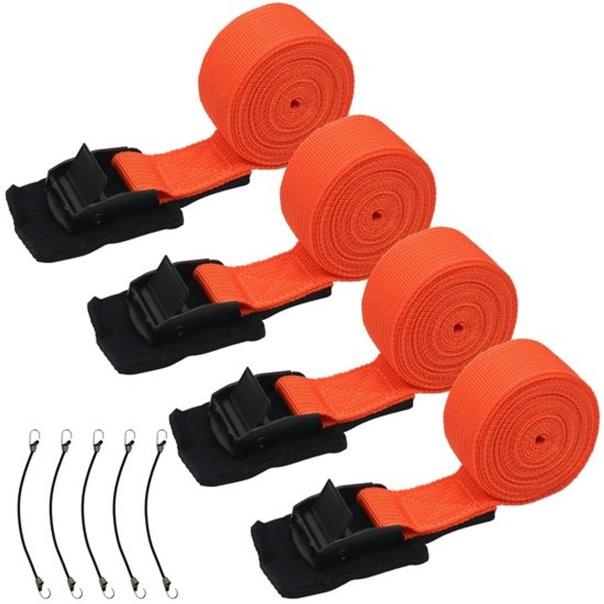 4 Spanbanden Set - Met gepolsterde klemgesp, 250 kg belastbaarheid en 5 spanrubbers - Voor fietsendrager, motor en auto - Oranje, 2,5 cm x 4 m