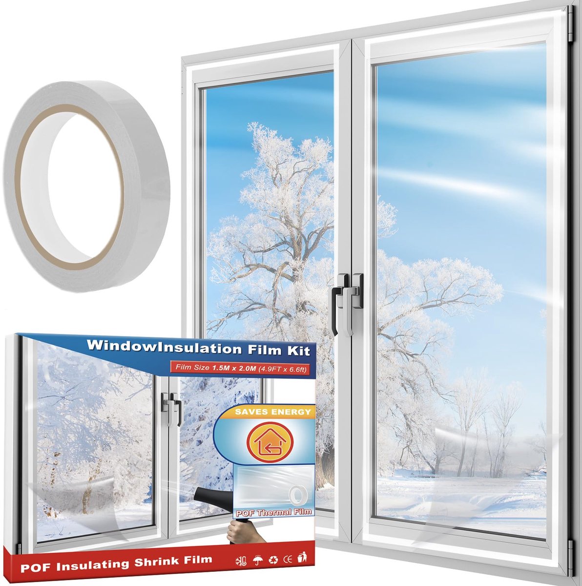 Thermische afdekking ramen 1,5 m x 2 m - transparante POF-isolatiefolie - zelfklevend - isolatie tegen kou - Luxento