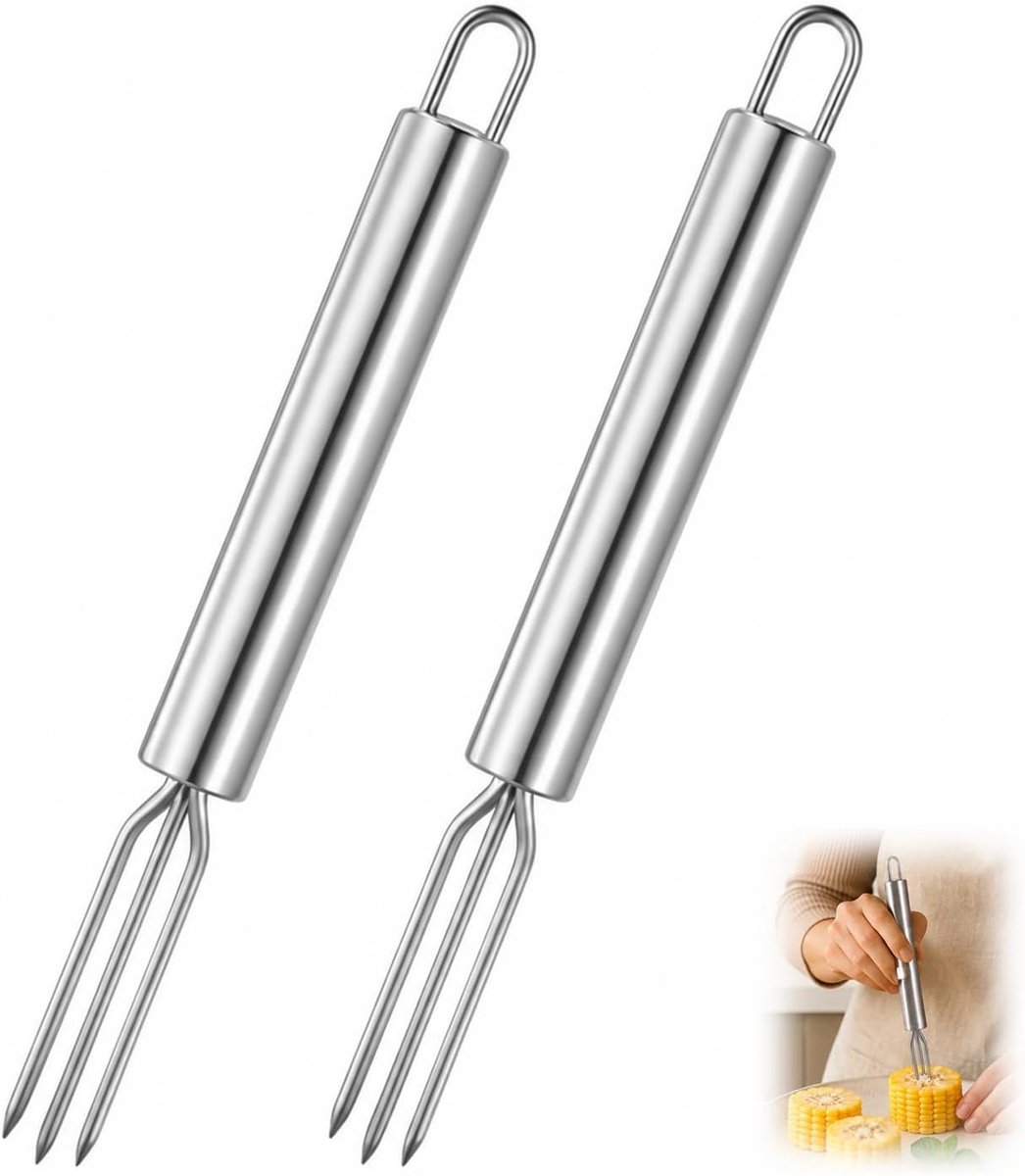 2 stuks aardappelvorken, 3 tanden, maïsprikkers, roestvrij staal, gegrild, fruit- en groentevorken, herbruikbaar voor keuken, barbecue, camping, picknick en thuismaaltijden