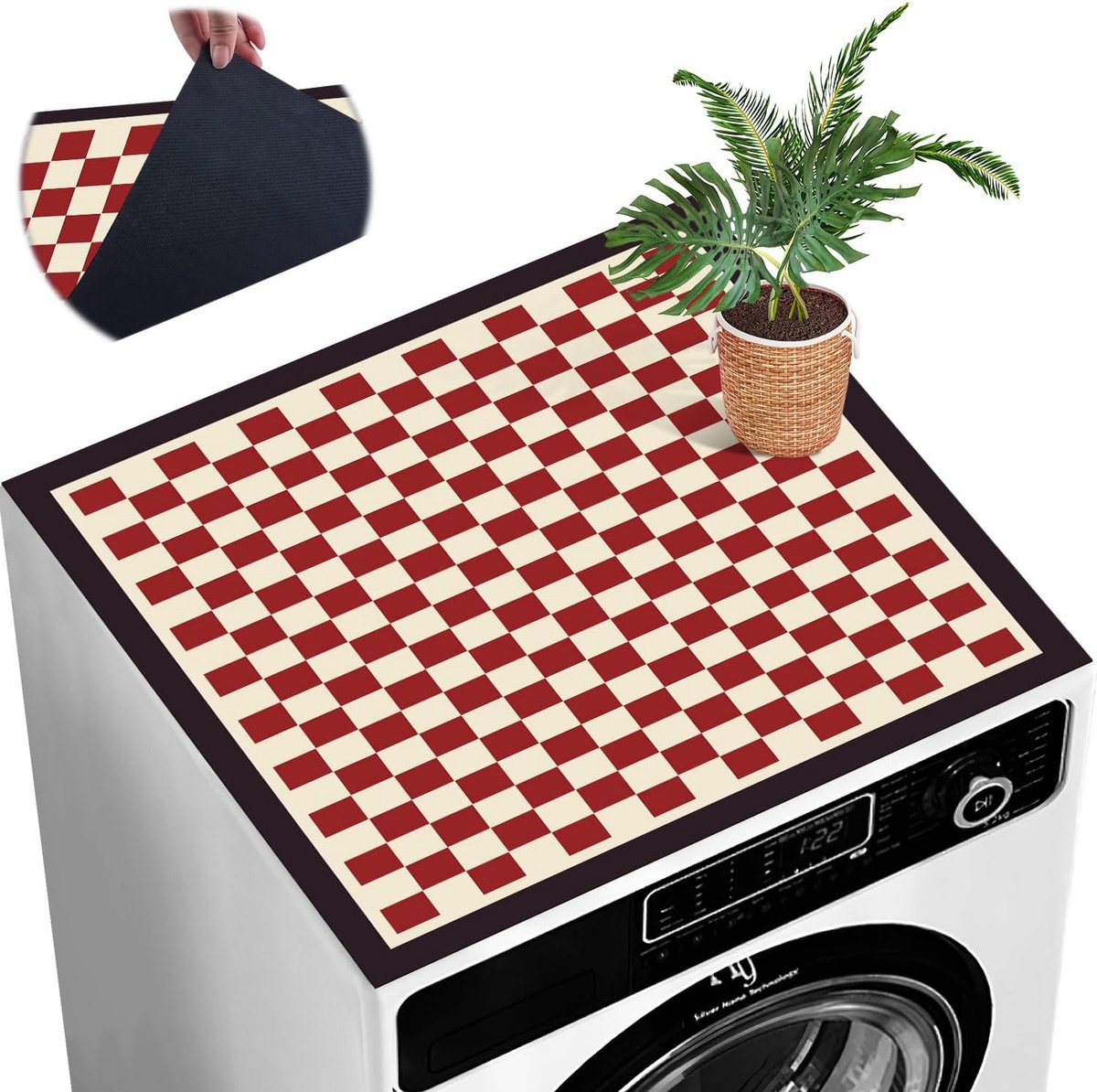 Wasmachinehoes, 60 x 60 cm, wasmachineafdekking, stofbescherming, antislip, wasmachinehoes, afdekking, keuken, afwasbaar, op maat te snijden (bruin schaakbord)
