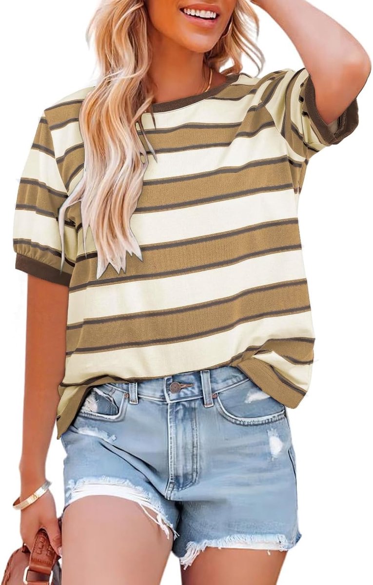 T-Shirt Dames Ronde Hals Losse Bovenkleding Kleurrijke Gestreepte Tuniek Dames Zomer Casual Katoen T-Shirt Contrast Korte Mouwen Tops
