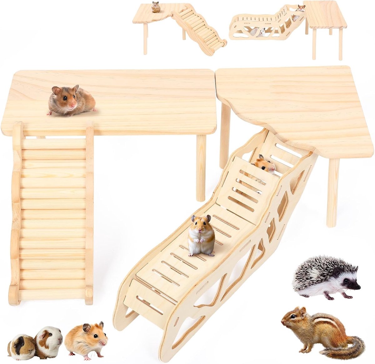 Hamsterplatform met ladderbrug, klimplatform voor kleine huisdieren, houten speelstructuur voor ratten, gerbils, chinchilla's, squirrels en huisdiervogels