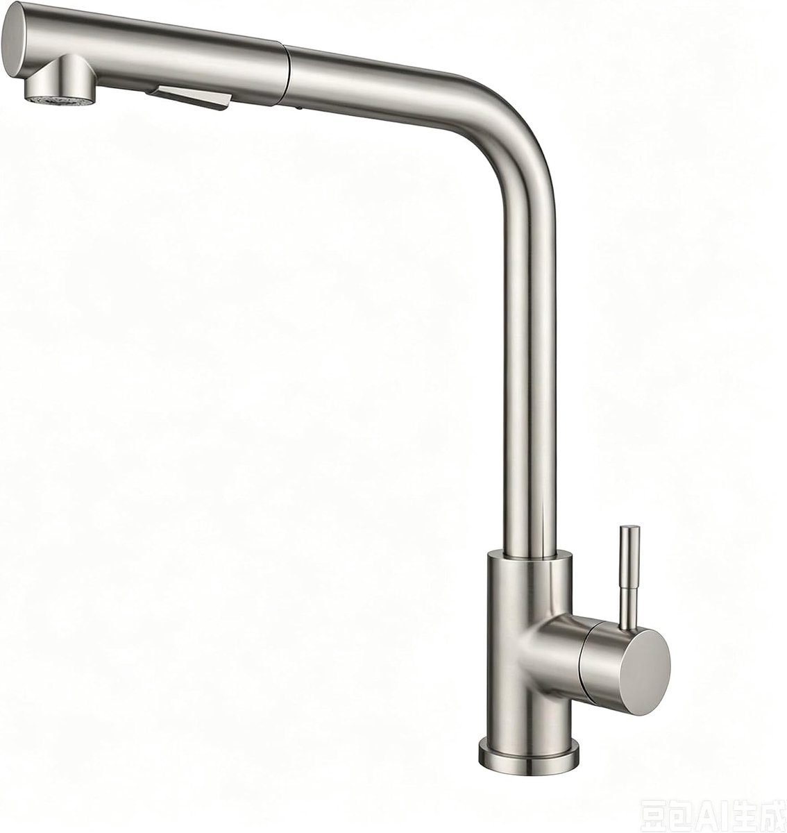 Uittrekbaar met douche, 360° draaibaar, L-vormig roestvrij staal, twee sproeifuncties, spoelbakkraan, zilver