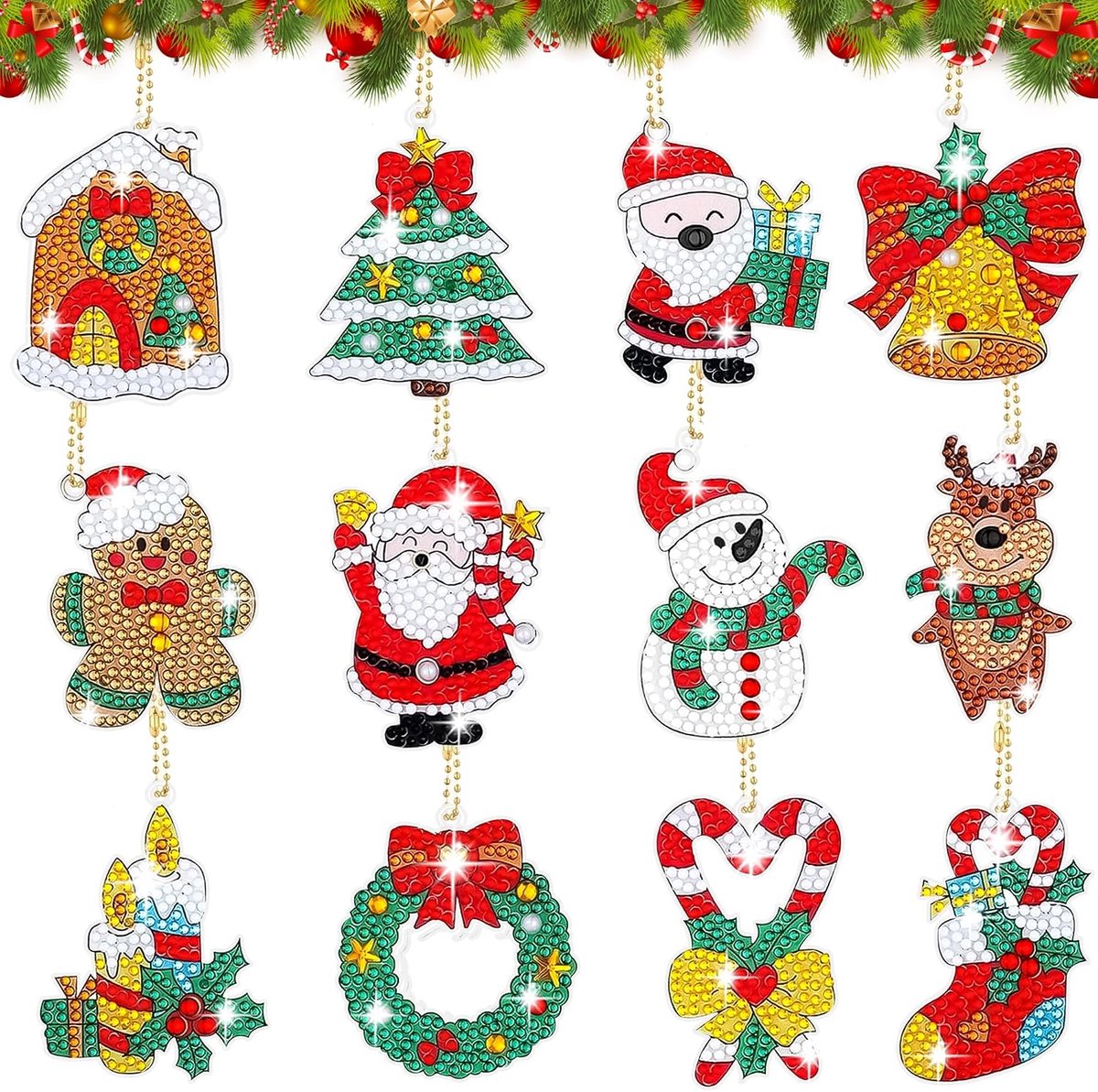 12 stuks sleutelhangers voor Kerstmis, diamantschilderij, 5D-set, diamantschilderij, hanger, rugzak, decoratie, kerstslinger, voor kinderen en volwassenen