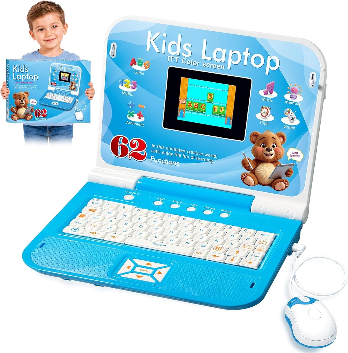 Leercomputer blauw kleurendisplay muis: Engels leren, 62 activiteiten wiskunde spellen, pedagogisch cadeau voor meisjes jaar