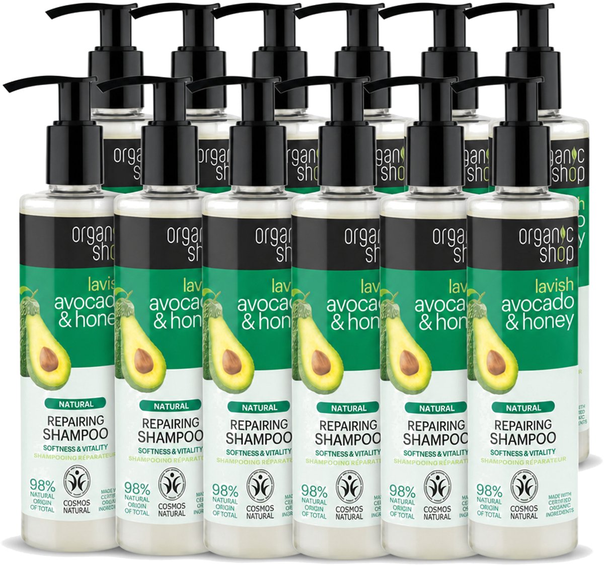 12 x Organic Shop - Natural Repairing Shampoo - Avocado & Honey - Hydraterend en Herstellend - 280 ml - Voordeelverpakking - 12 stuks