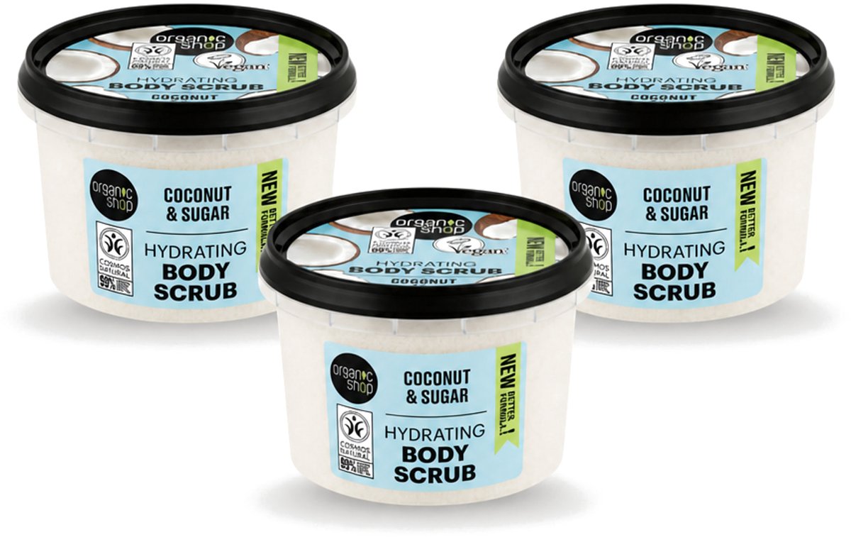 3 x Organic Shop - Hydrating Body Scrub Coconut - Diep Voedend - 250 ml - Voordeelverpakking - 3 stuks