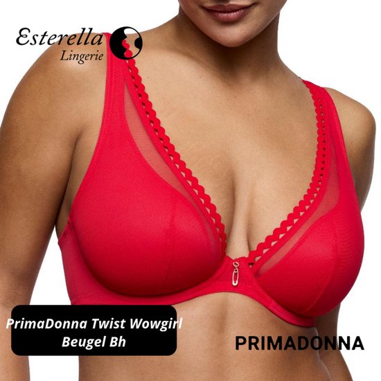 Rode beugelbeha met kantafzetting, mesh en "PrimaDonna Twist Wowgirl Beugel Bh".