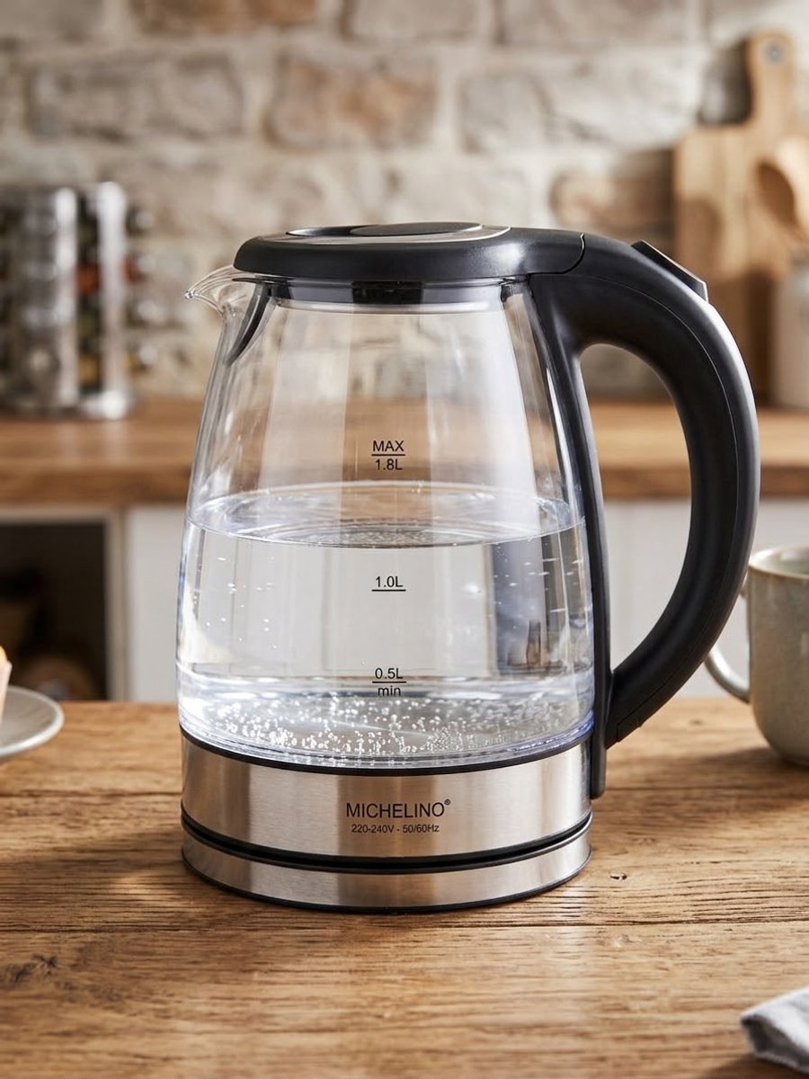 MICHELINO Glazen Waterkoker 1,8 L – 1800 W – LED Verlichting – 360° Draaibare Voet – Automatische Uitschakeling