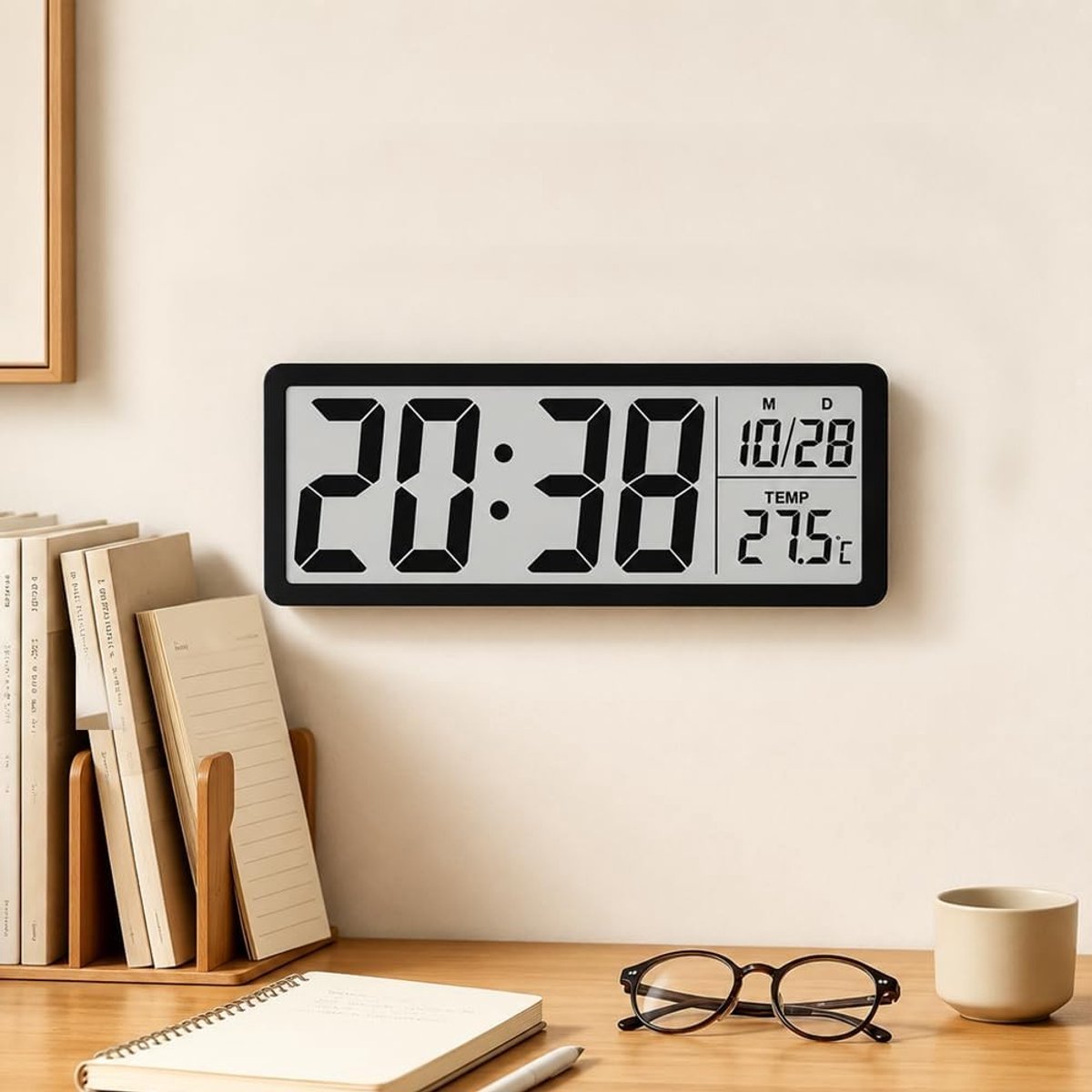 Digitale Wandklok met Batterijen, Tijd- en Temperatuurweergave, 8 Inch LCD Klok voor Woonkamer, Keuken, Slaapkamer en Kantoor, Zwart