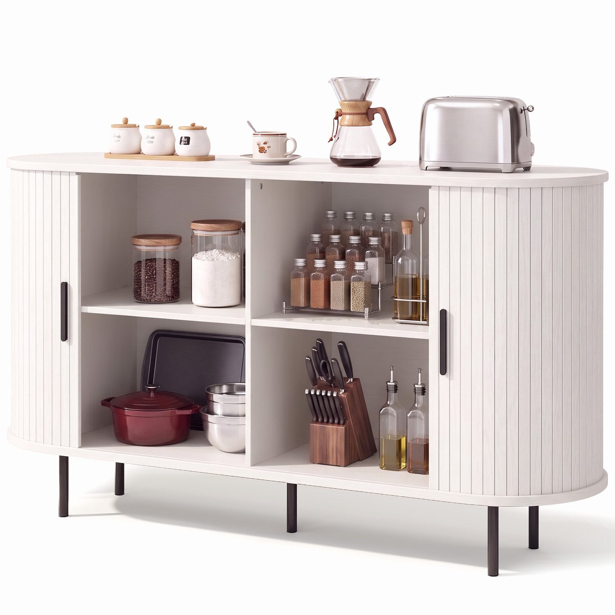 Xbro Dressoir met Houtlook Schuifdeuren – Buffetkast met Verstelbare Planken en EU-stopcontact – Wit