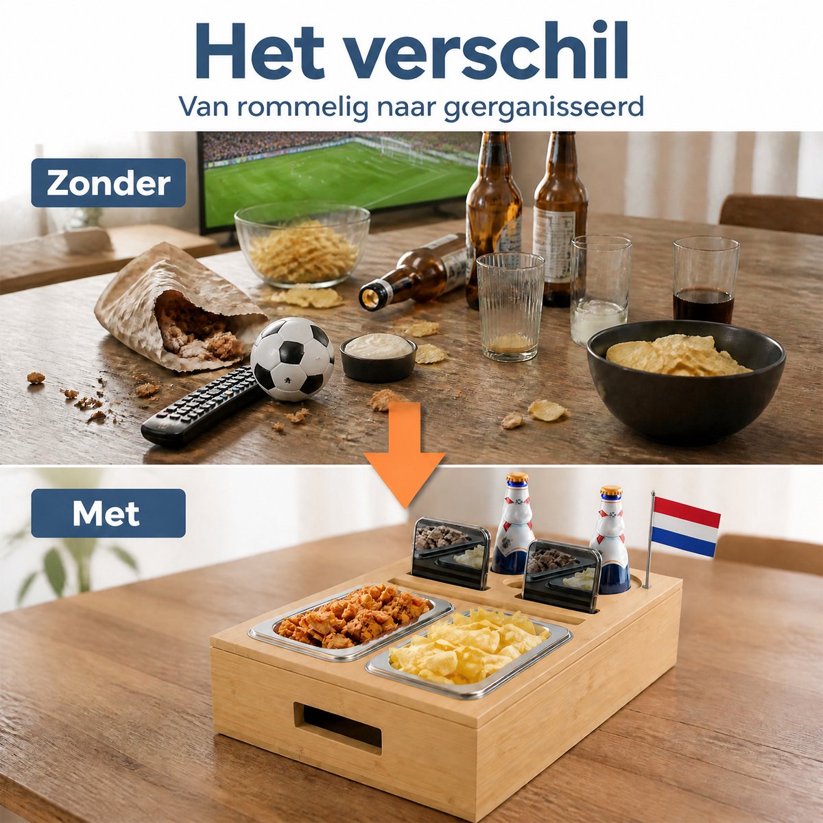 Houten Tafel Organizer - Snack- en Drankhouder met 2 Bakjes en 2 Flessenhouders - Houten Opbergbak voor Snacks, Glazen en Flessen - Tafeltray met Onderzetters en Telefoonhouder - Dienblad van Bamboe — cadeau in Koken & Dineren - foto 4