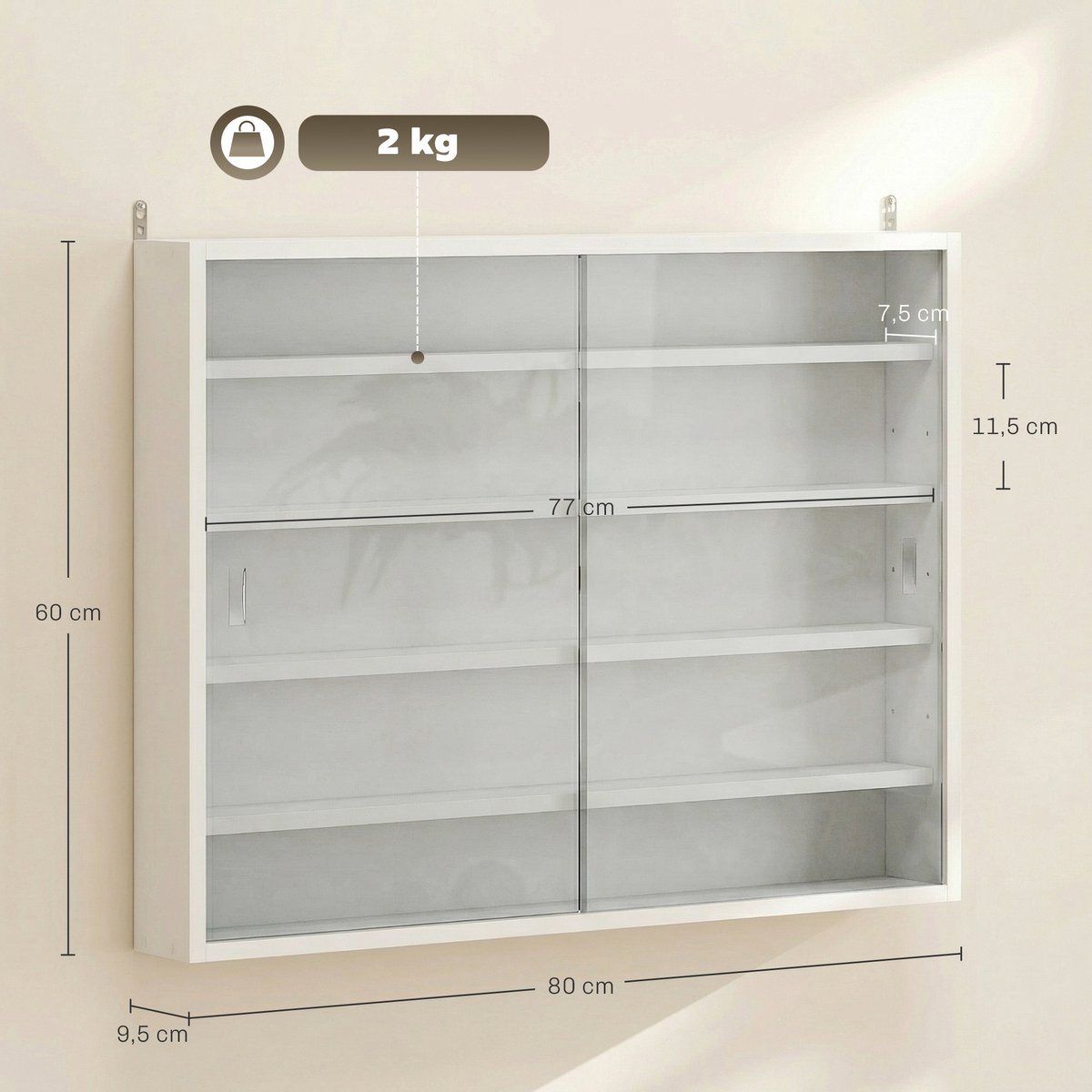 TEKROA® Vitrinekasten -Houten wandvitrinekast - met verstelbare planken en 2 glazen schuifdeuren - 80x9,5x60 cm - wit