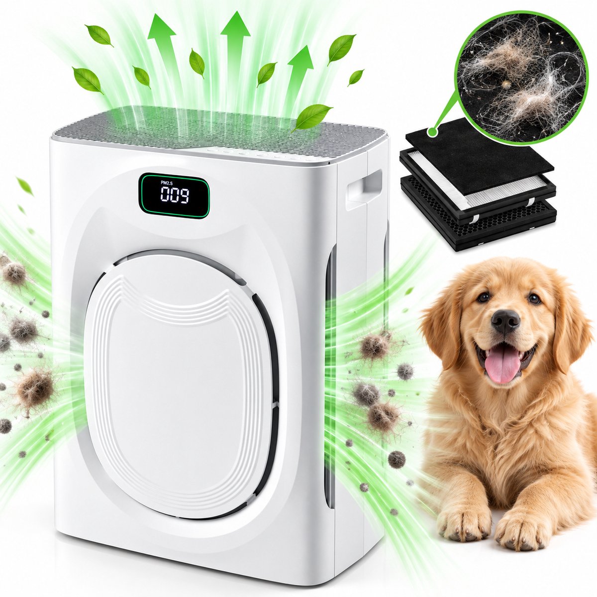 Lapamax Luchtreiniger met H13 HEPAfilter tegen Stof & Pollen - CADR 295 m³/u - 3-Laags Filtersysteem & Grote Luchtinlaat- Automatische Stand + 25 dB Slaapstand - PM2.5 Luchtkwaliteitsindicator - Air Purifier voor Woonkamer en Slaapkamer