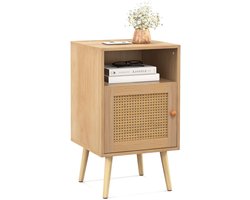 COSTWAY Nachtkastje van rotan, bijzettafeltje met open plank en deur, landelijke stijl, ideaal voor slaapkamer en woonkamer, 40 x 39 x 70 cm
