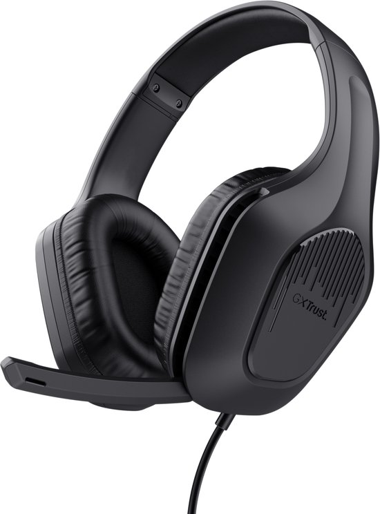 Een zwarte gamingheadset met verstelbare hoofdband en microfoon.