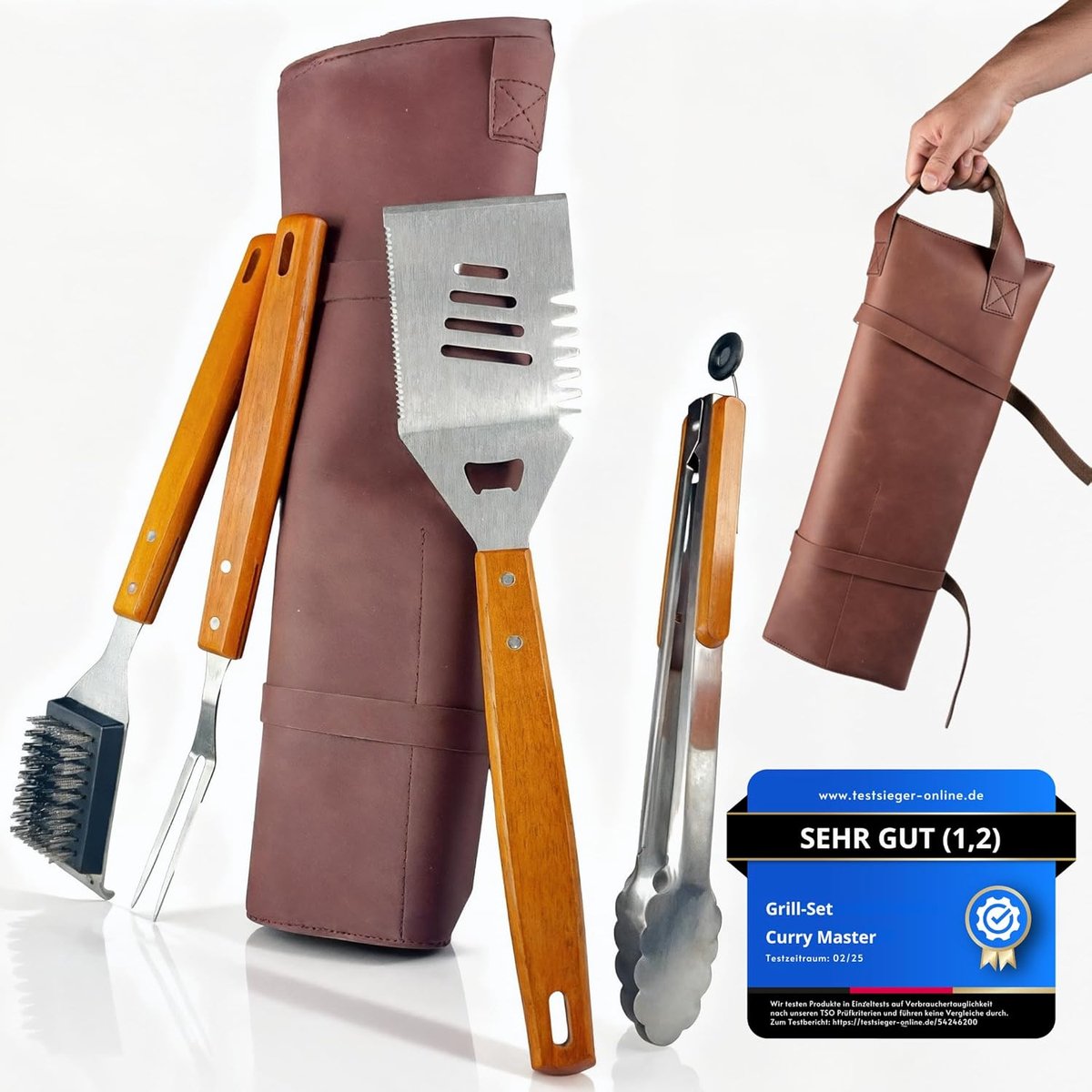 Grillbestek cadeau voor mannen - leren tas - houten grepen - stevige BBQ set - ShopVlot