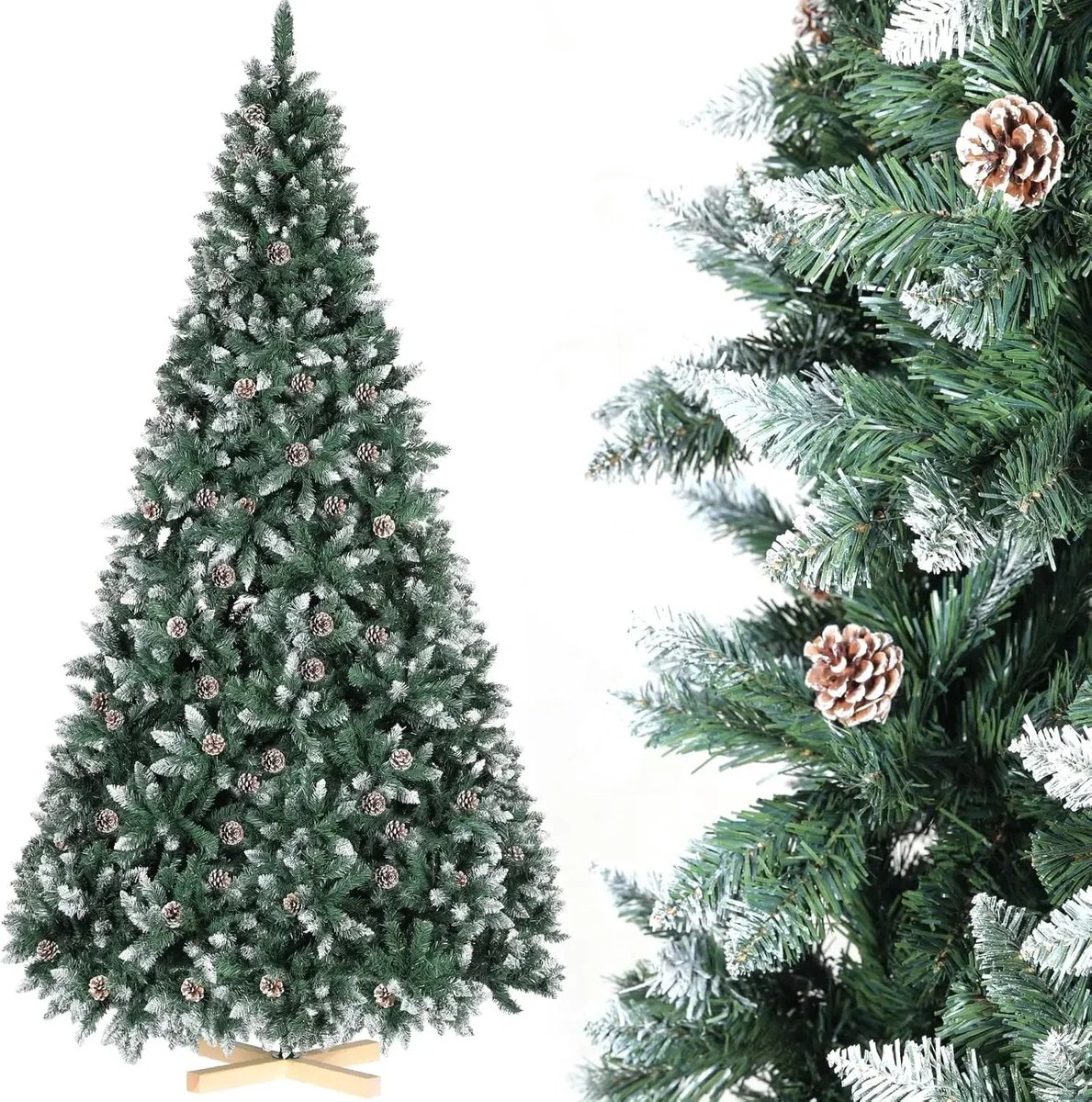 Heidat kunstkerstboom - Met Sneeuw en Dennenappels - 150 cm - Realistische Canadese spar - Onderhoudsvrij - Inclusief opbergtas