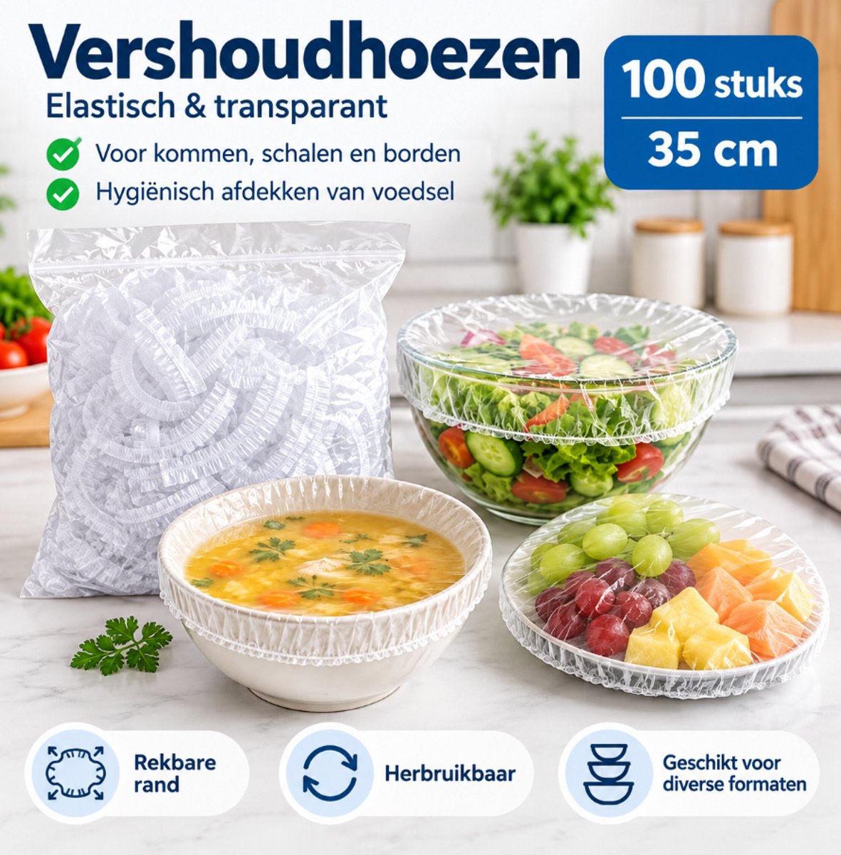 Vershoudhoezen 100 Stuks – 35 cm – Elastische Afdekhoesjes voor Voedsel – Kommen, Schalen & Borden – Transparante Food Covers