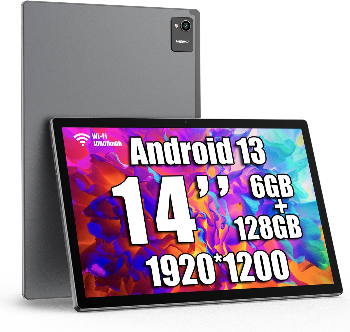 MESWAO B2 Tablet - 14 inch 1920*1200 IPS-scherm - WiFi - Bluetooth 5.0 - 32 MP + 5 MP Camera - 6GB RAM + 128GB ROM - Android 13 - 10000 mAh Batterij - Grijs