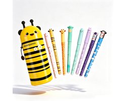 Namajunas - Uitwisbare pennen 8 kleuren - Gelpennen met siliconen etui - Bij Pennenzak - 0,6 mm Cartoon Dierenpen - Voor School, Kantoor, Kinderen & Volwassenen - Cadeauset - Balpennen