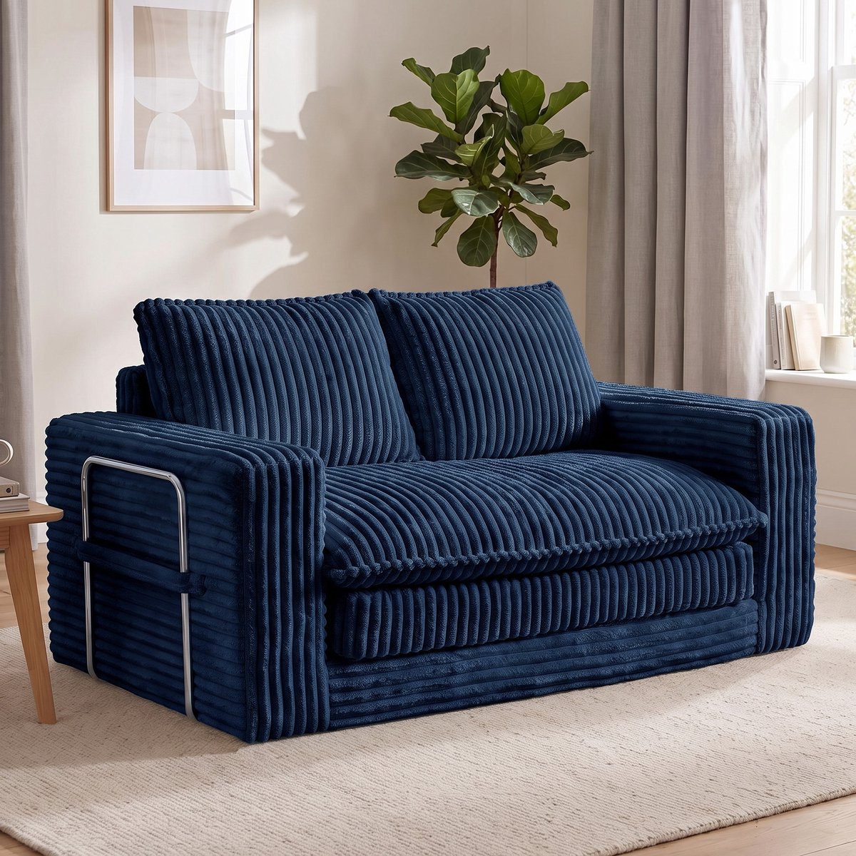 HomeMiYN Slaapbank - Donkerblauwe 2 persoons slaapbank met zachte corduroy stof, slaapbank voor woonkamer, comfortabele ombouwbare loungebank