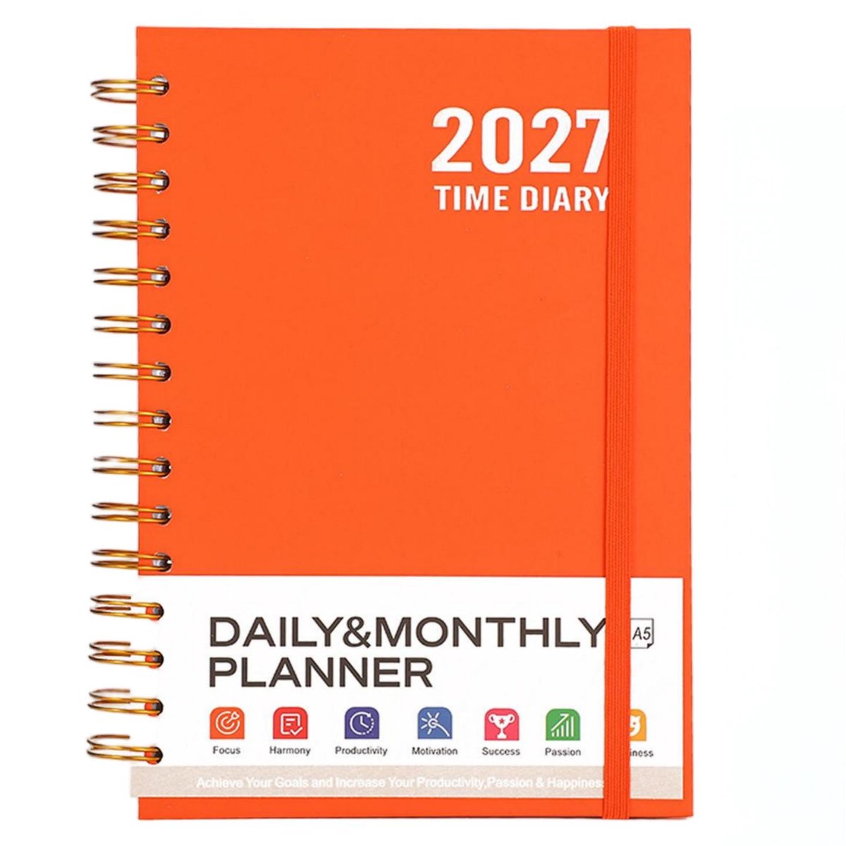 2027 Agenda – Dagelijkse & Maandelijkse Planner – Spiraalbinding met Elastische Band – Engelstalige Agenda & Notitieboek – Voor Werk, Studie & Persoonlijke Planning – A5 – 336 Pagina's – Oranje – 1 Stuk