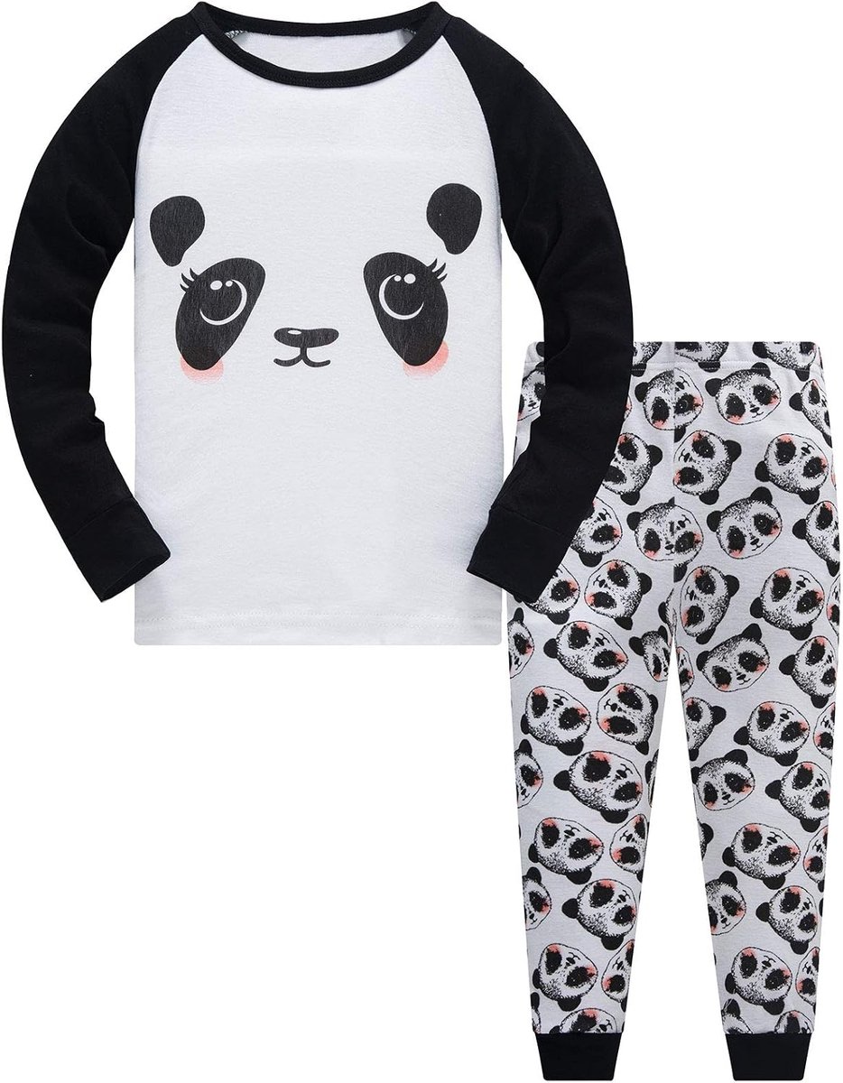 katoen, eenhoorn, lange mouwen, tweedelige pyjama-set, schattige panda, kindernachtkleding, winter, Kerstmis, pyjama, maat 1-12 jaar, Panda zwart, 5-6 Jaren