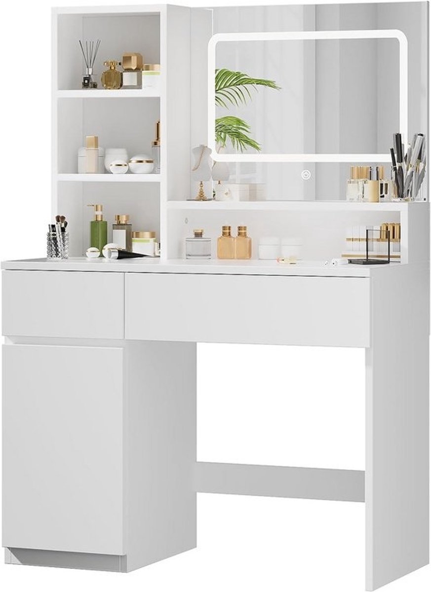 Make-up tafel met spiegel en LED-verlichting, verstelbare planken en lades - Moderne witte houten kaptafel