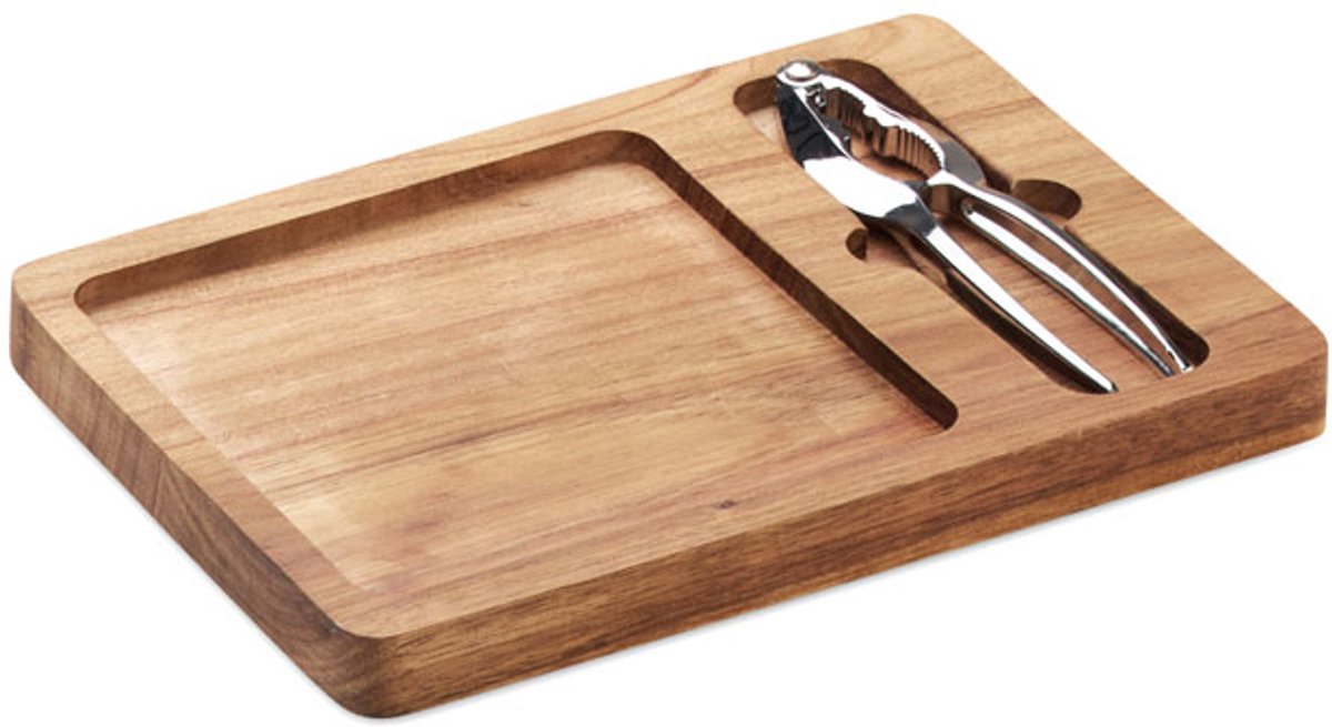 Luxe design set met notenkraker van zinklegering en acaciahouten bord.