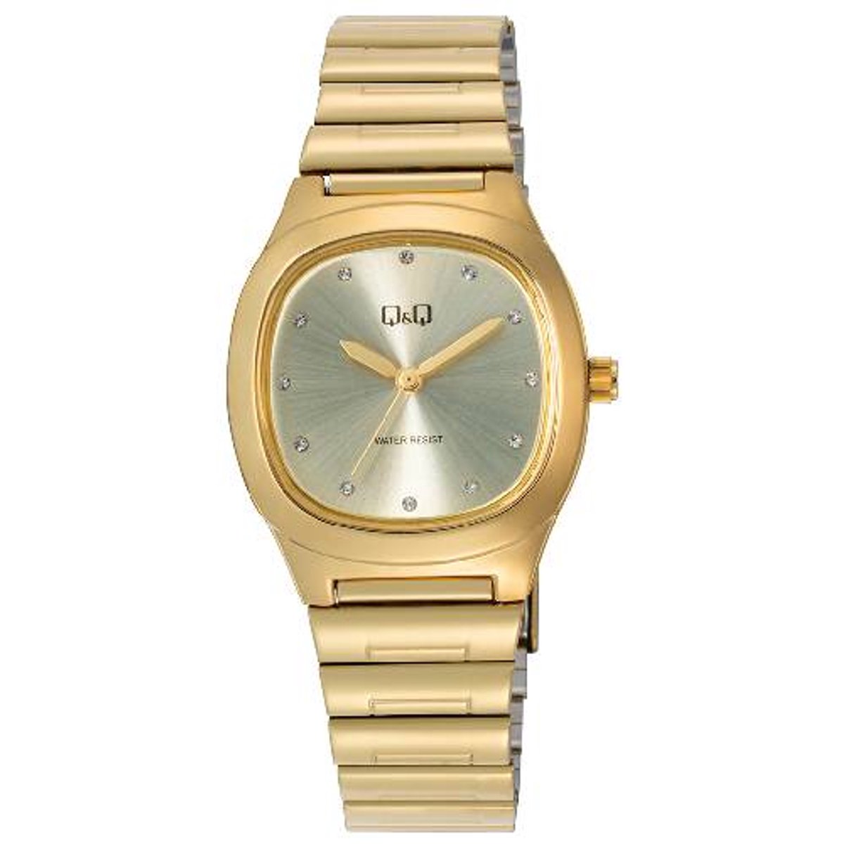 Q&Q-horloge-rond-ovaal-retro look-goudkleurig-diameter 32 mm-3 atm-wijzerplaat met kleine kristallen